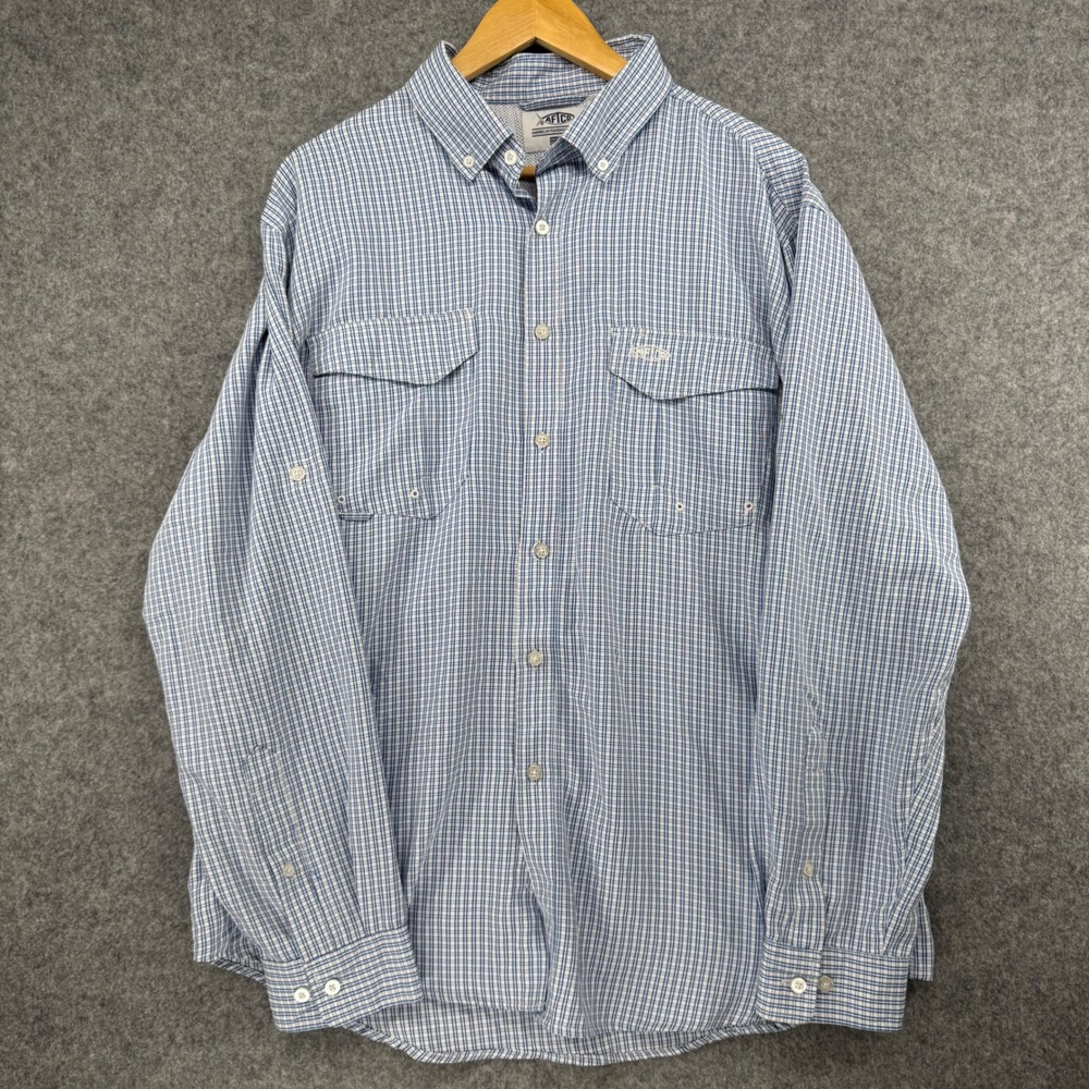 AFTCO Fishing Shirt Mens Large Blue White Plaid Long Sleeve Ventilated Mesh